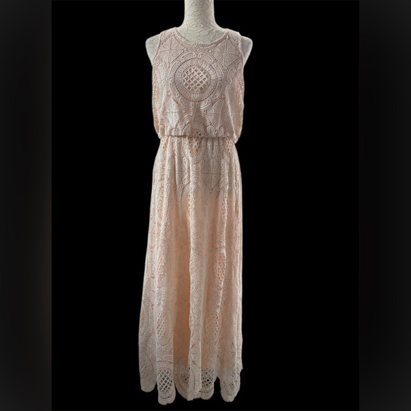 Eliza J Crochet Lace Maxi Dress 10P Cream Fully Lined - Picture 3 of 13